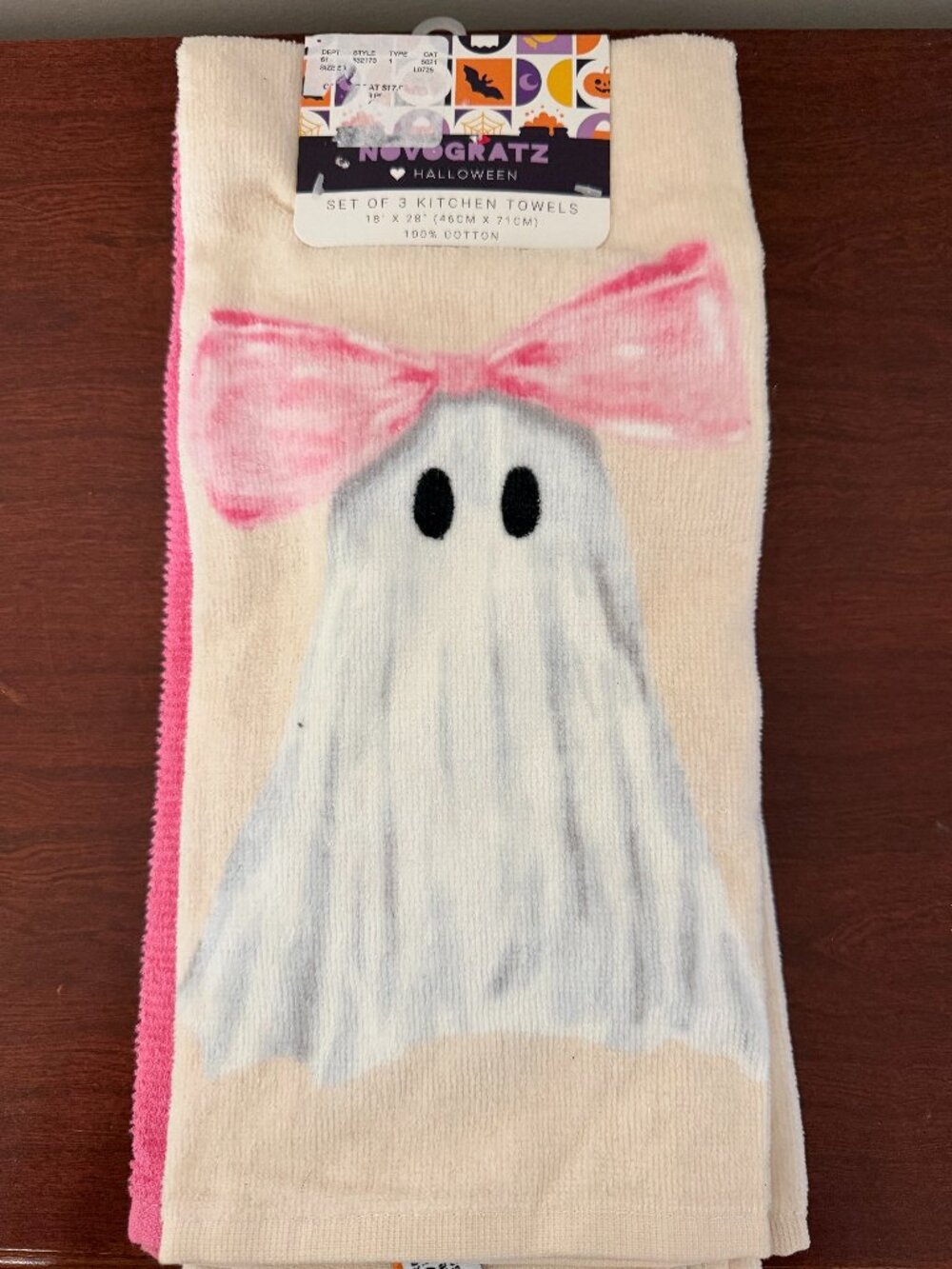 Novogratz Halloween Kitchen Towels Set of 3 Pink Ghost 18x28 Cotton